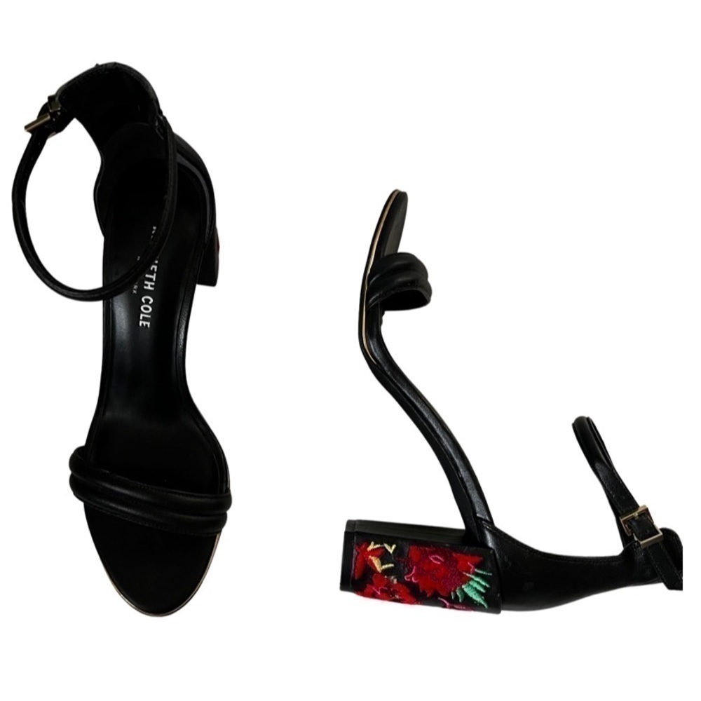 KENNETH COLE Reaction Lolita Embroidered Flower Heels Black Size 8.5